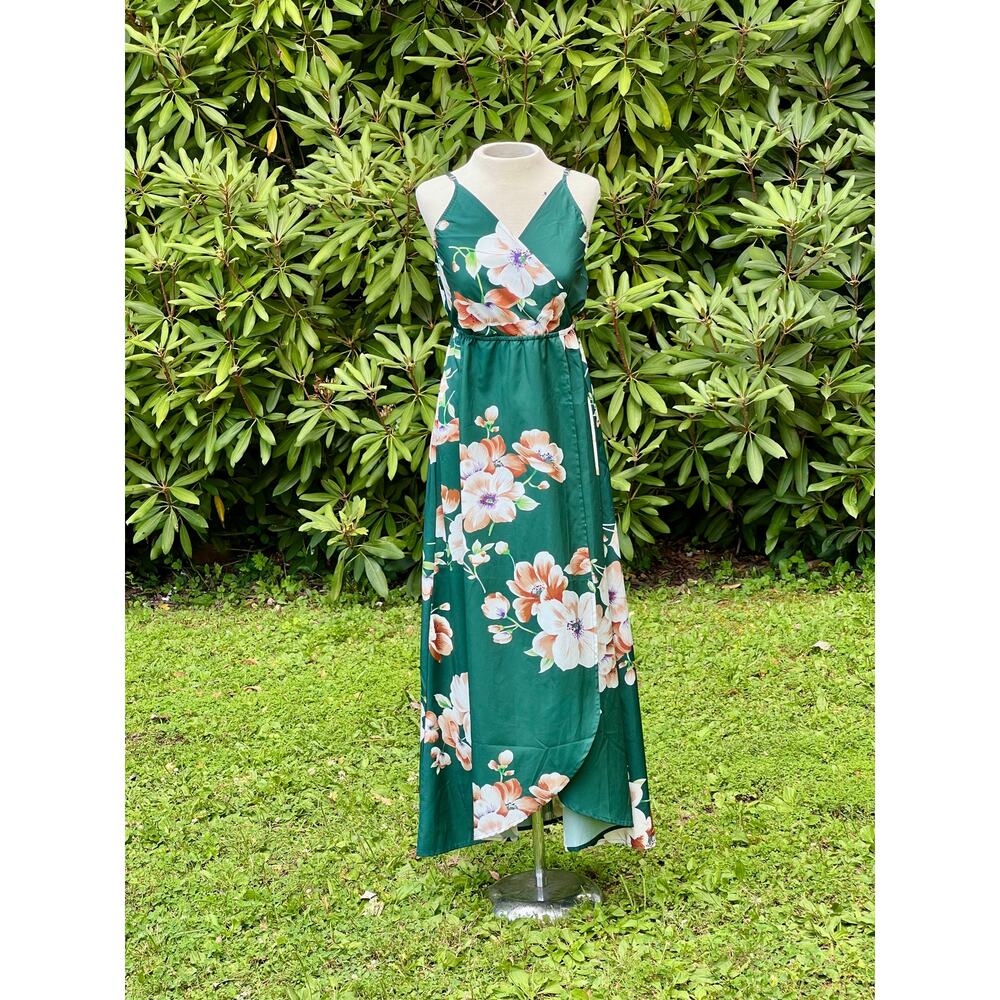 CMZ2005 Tropical Floral Wrap Dress Green Size S Sz 4-6